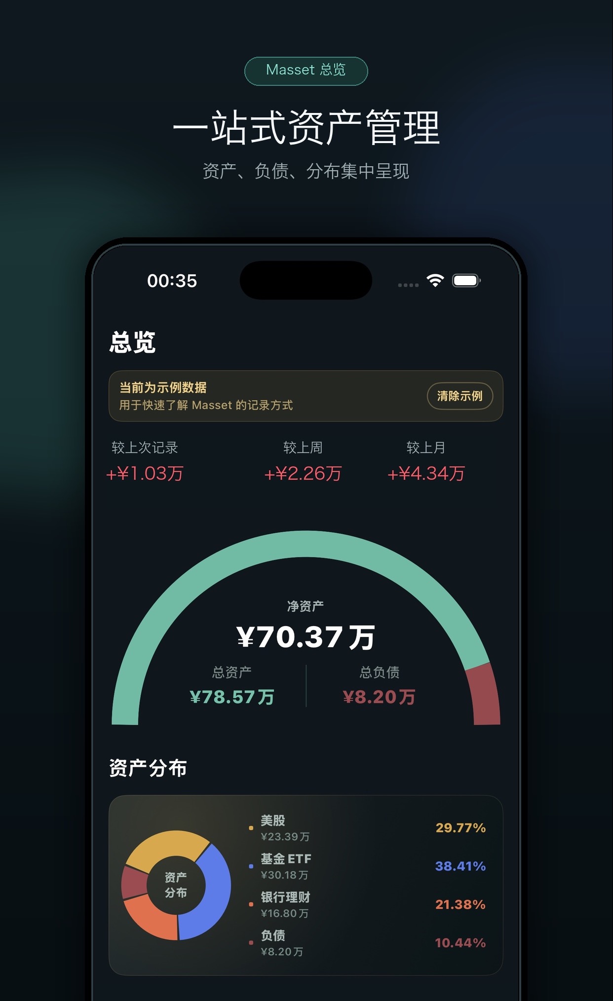 Masset 的资产总览、资产分布与分类概览界面